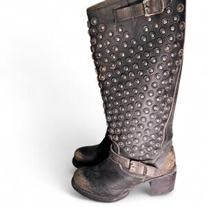 Frye Studded Dark Brown Leather Heeled Boots
